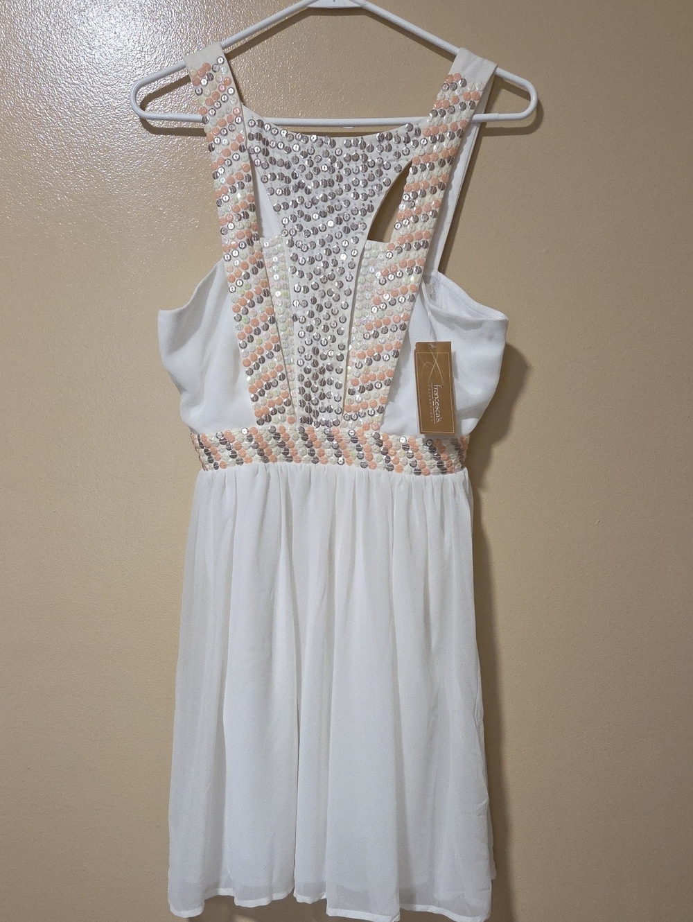 Francesca's Collections White Chiffon Dress with Peach Beaded Accents